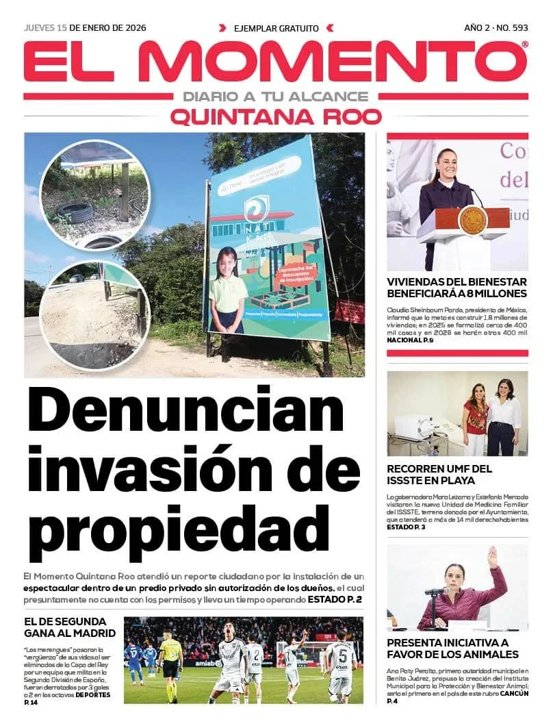 Portada de El Momento Quintana Roo del jueves, 15 de enero de 2026