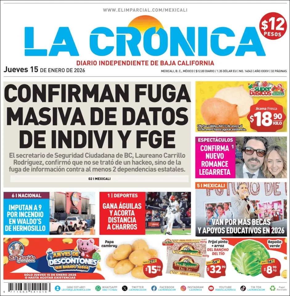 Portada de La Cronica del jueves, 15 de enero de 2026