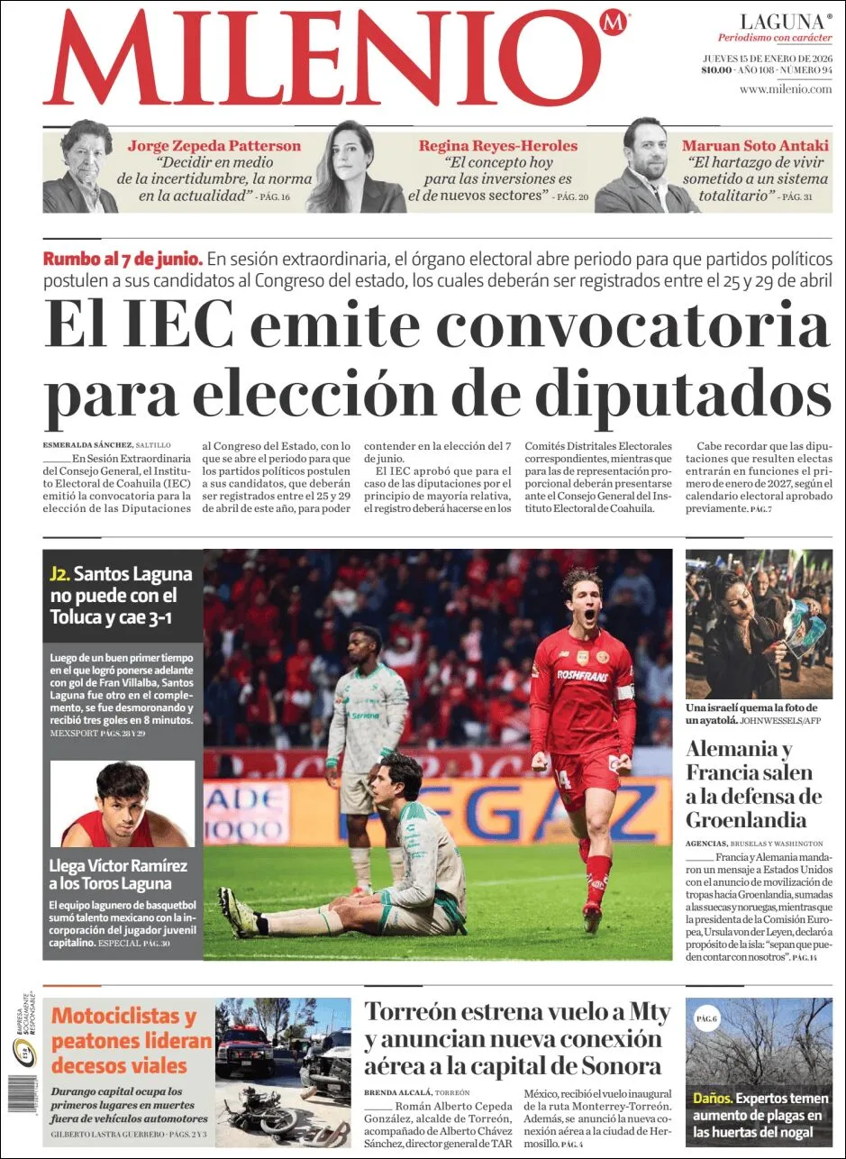 Portada de Milenio Laguna del jueves, 15 de enero de 2026