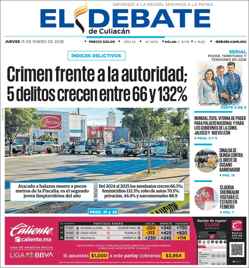 Portada de El Debate de Culiacan del jueves, 15 de enero de 2026