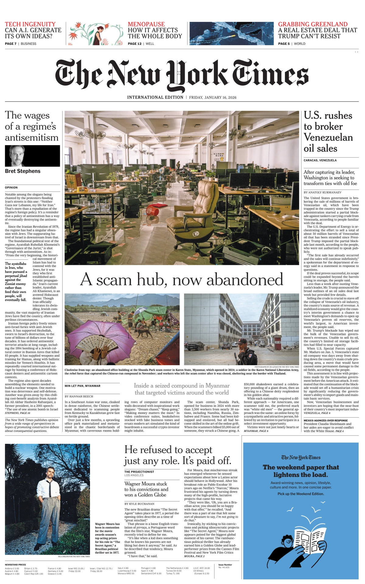 Portada de The New York Times (international) del viernes, 16 de enero de 2026