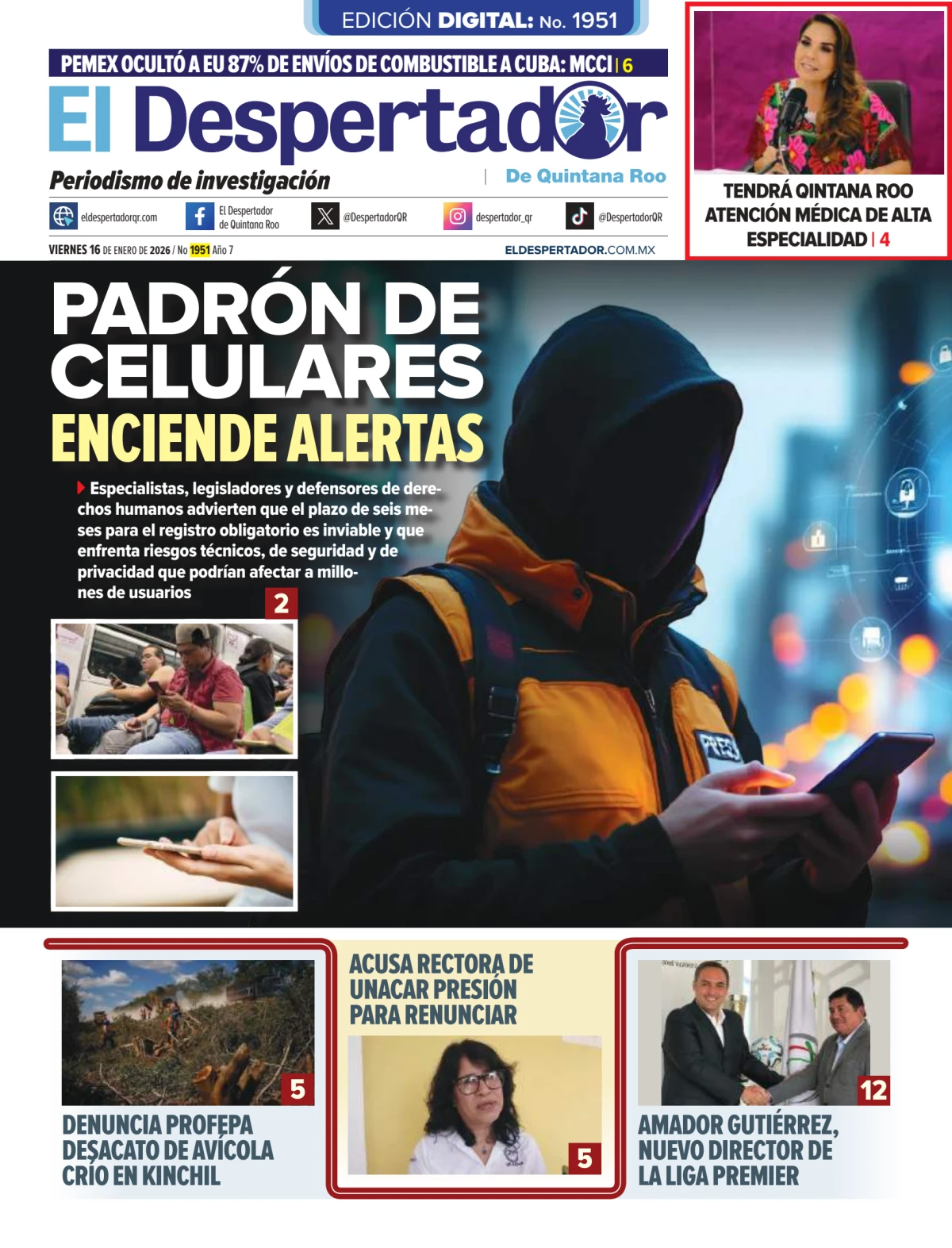 Portada de El Despertador de Quintana Roo del viernes, 16 de enero de 2026