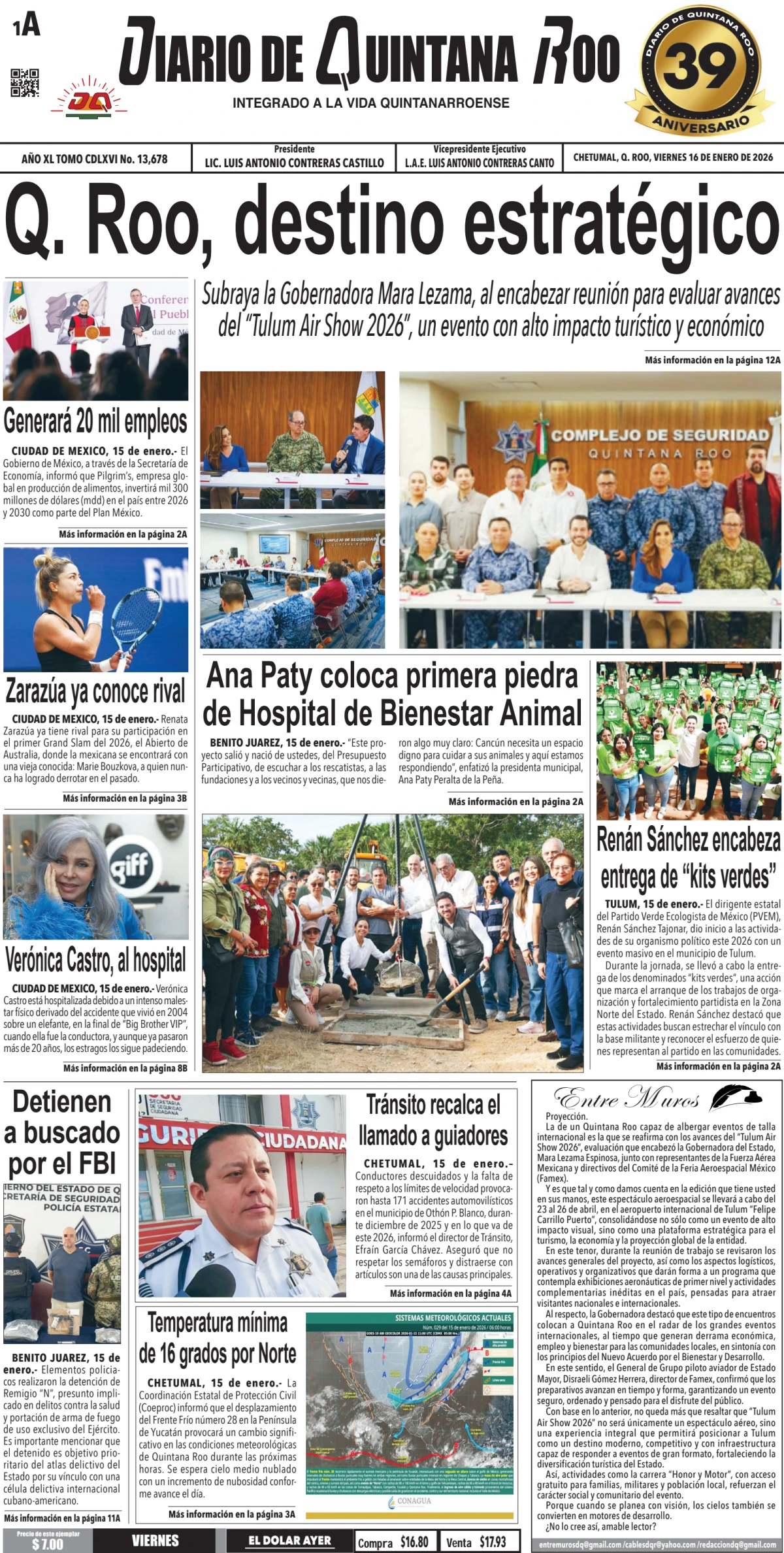 Portada de Diario de Quintana Roo (portada) del viernes, 16 de enero de 2026