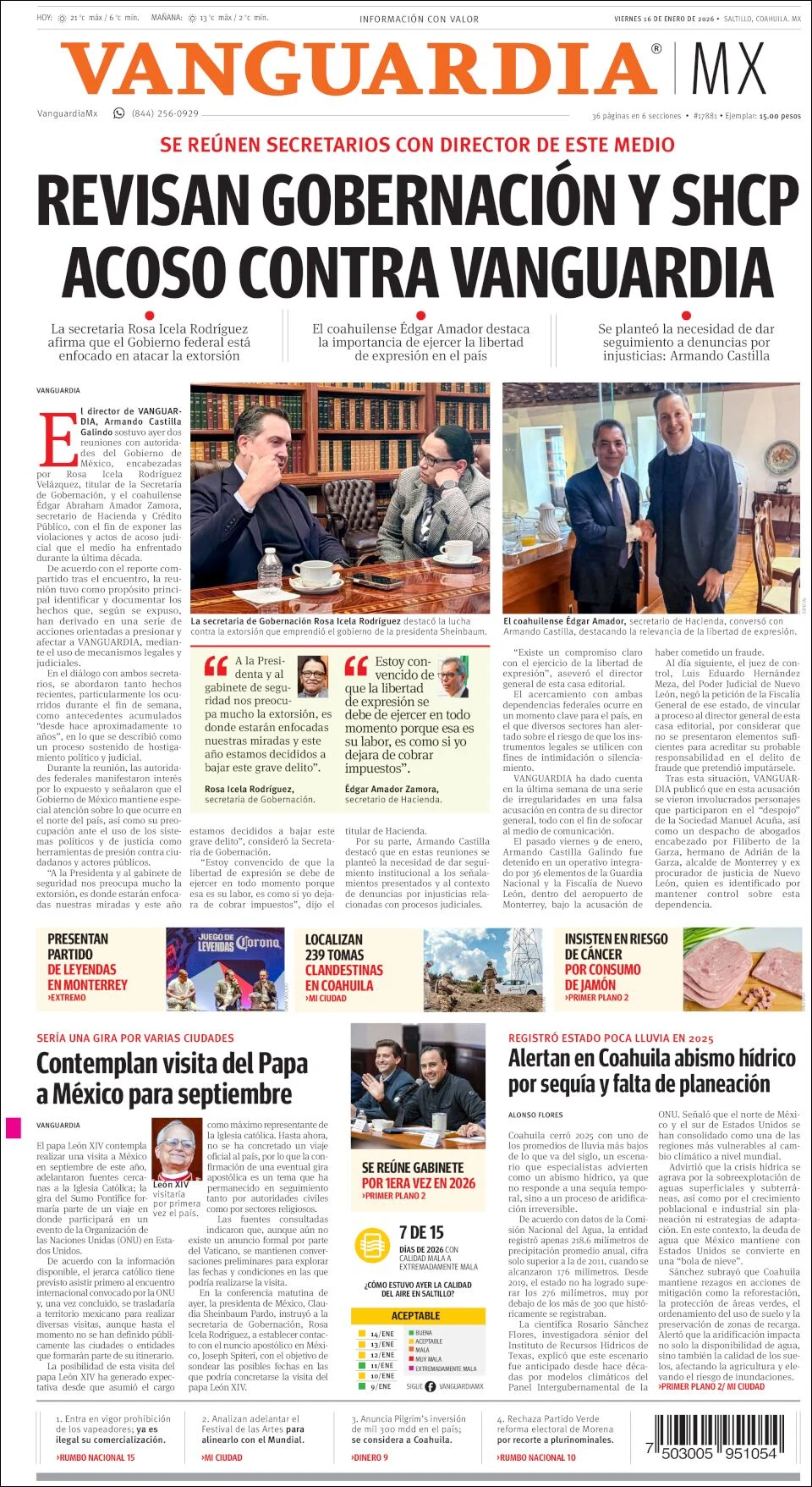 Portada de Vanguardia del viernes, 16 de enero de 2026