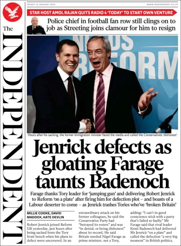Portada de The Independent del viernes, 16 de enero de 2026