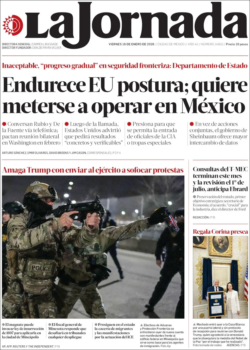 Portada de La Jornada del viernes, 16 de enero de 2026