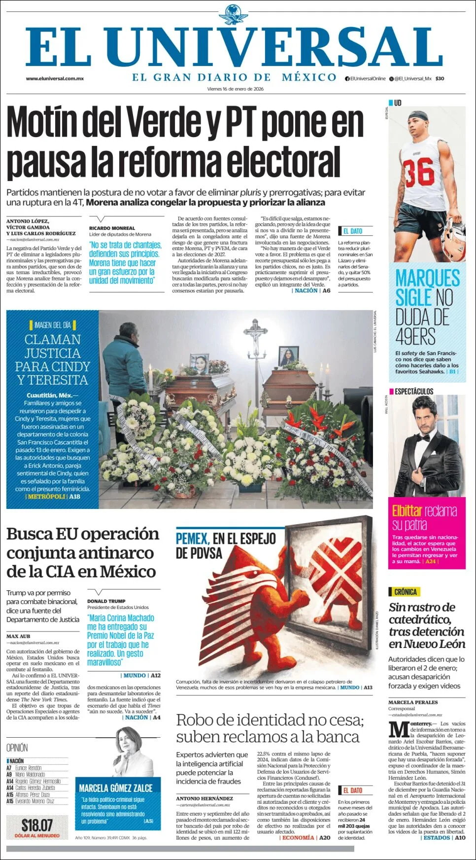 Portada de El Universal del viernes, 16 de enero de 2026
