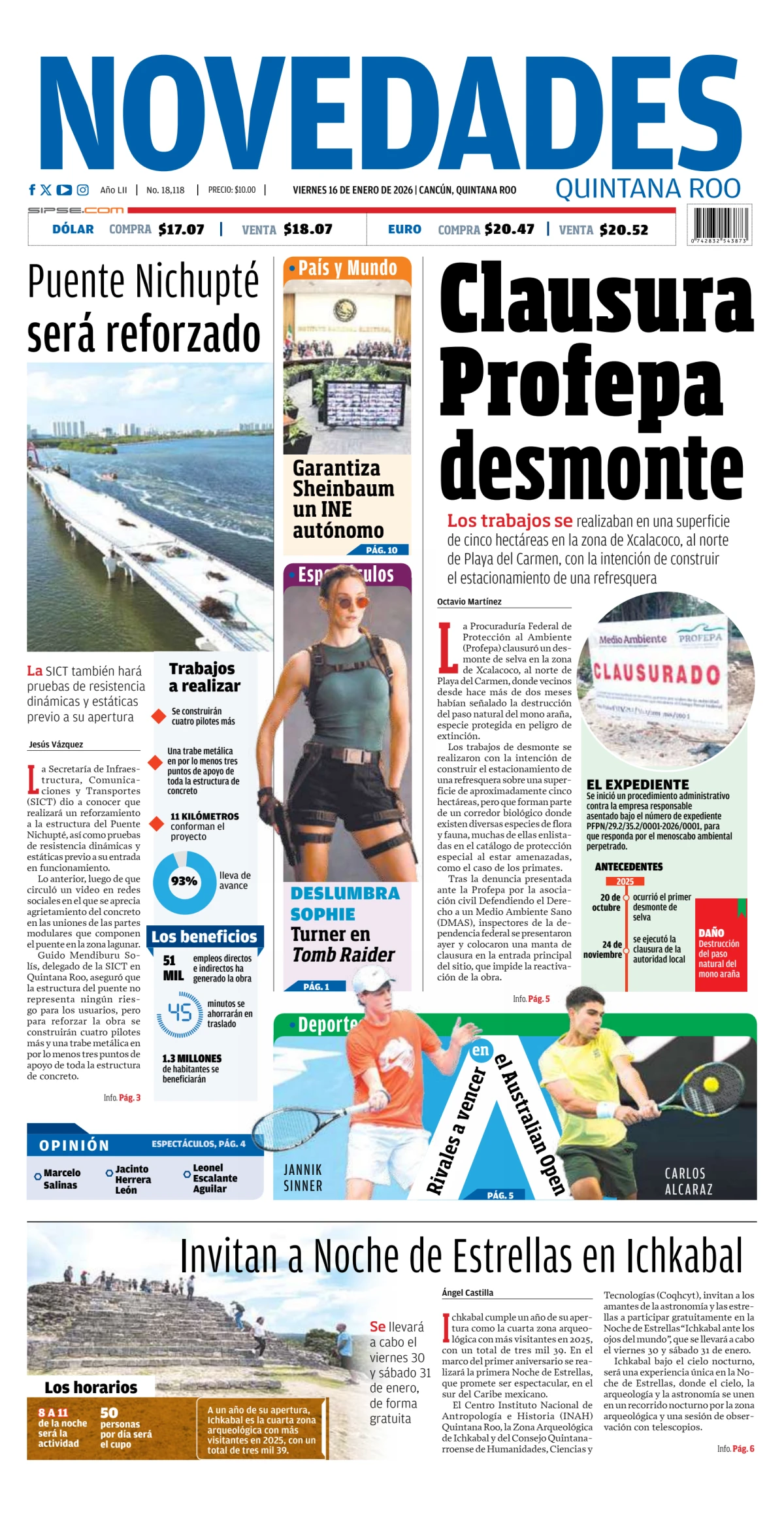 Portada de Novedades Quintana Roo del viernes, 16 de enero de 2026