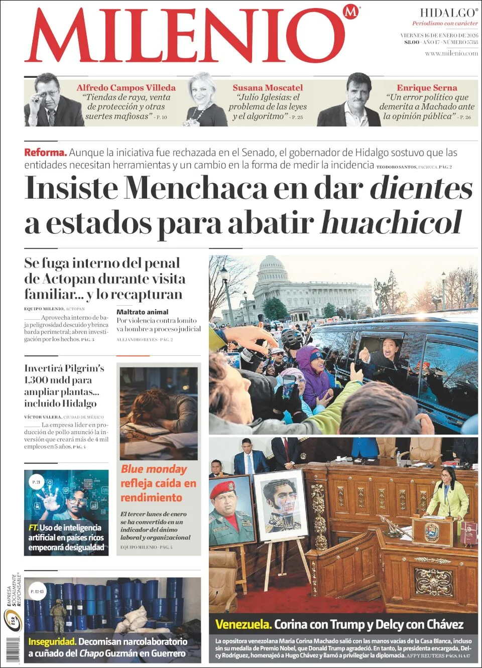 Portada de Milenio Hidalgo del viernes, 16 de enero de 2026