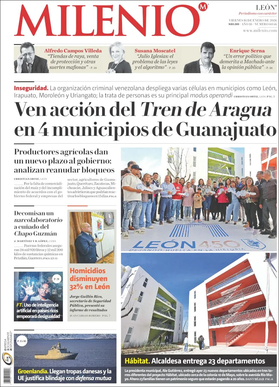 Portada de Milenio Leon del viernes, 16 de enero de 2026