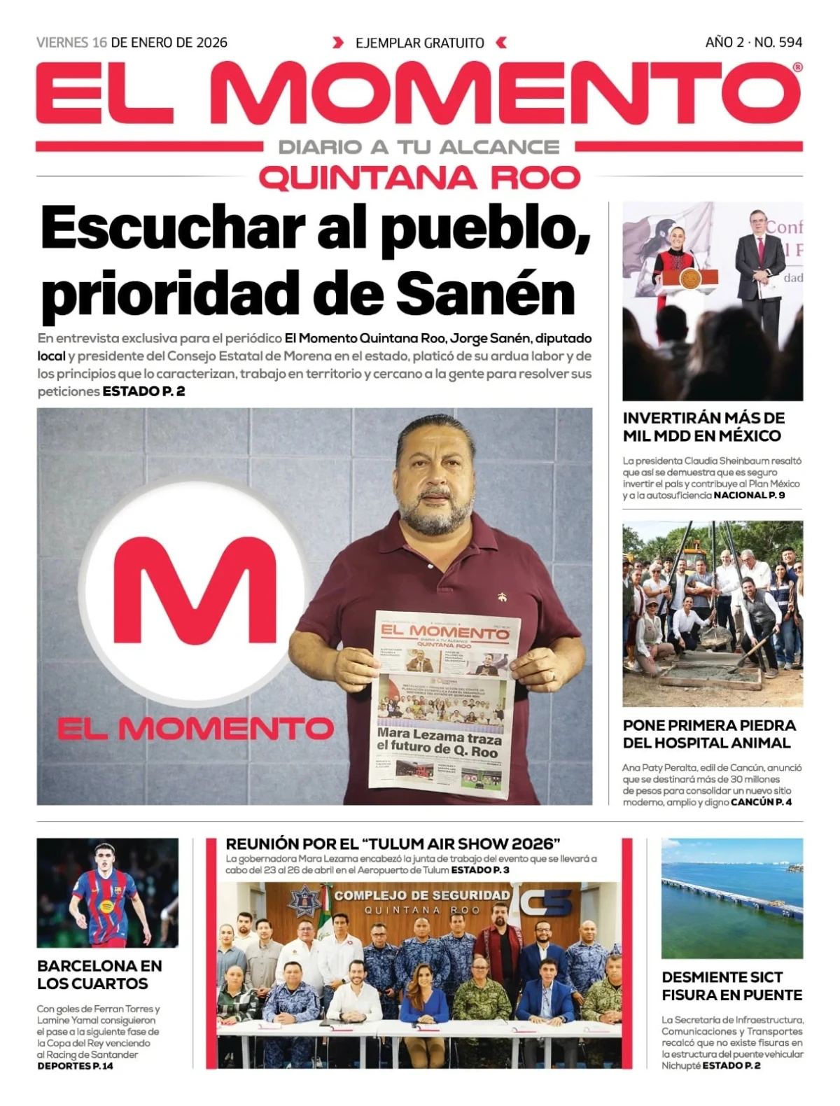 Portada de El Momento Quintana Roo del viernes, 16 de enero de 2026