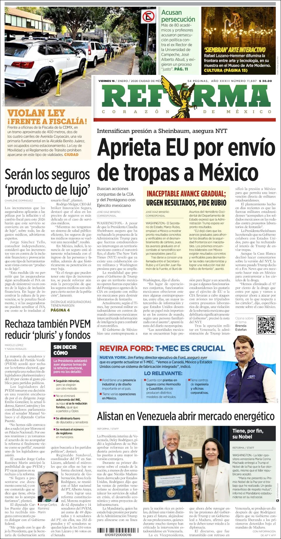Portada de Reforma del viernes, 16 de enero de 2026