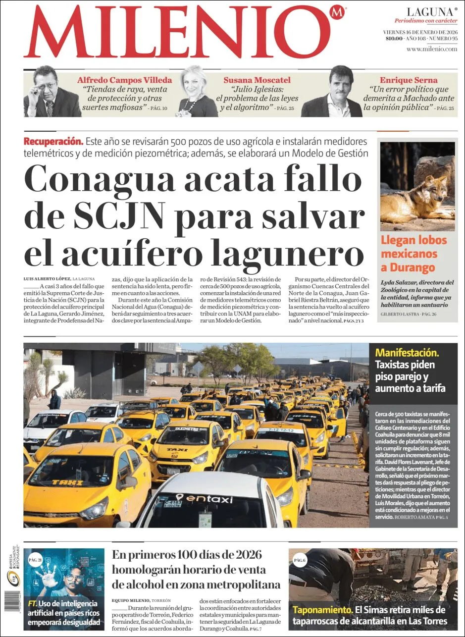 Portada de Milenio Laguna del viernes, 16 de enero de 2026