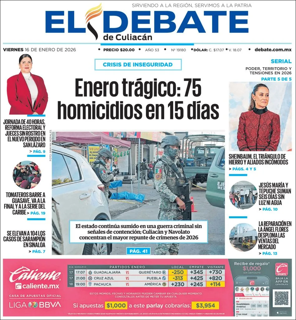Portada de El Debate de Culiacan del viernes, 16 de enero de 2026