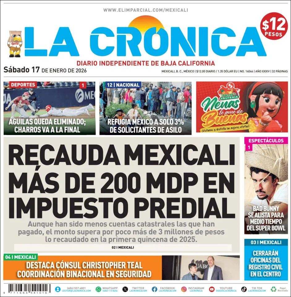 Portada de La Cronica del sábado, 17 de enero de 2026