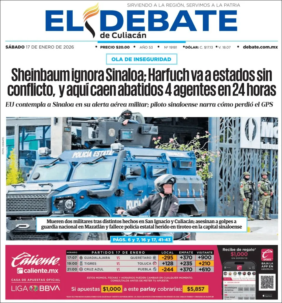 Portada de El Debate de Culiacan del sábado, 17 de enero de 2026