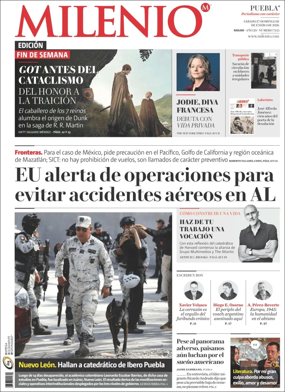 Portada de Milenio Puebla del sábado, 17 de enero de 2026
