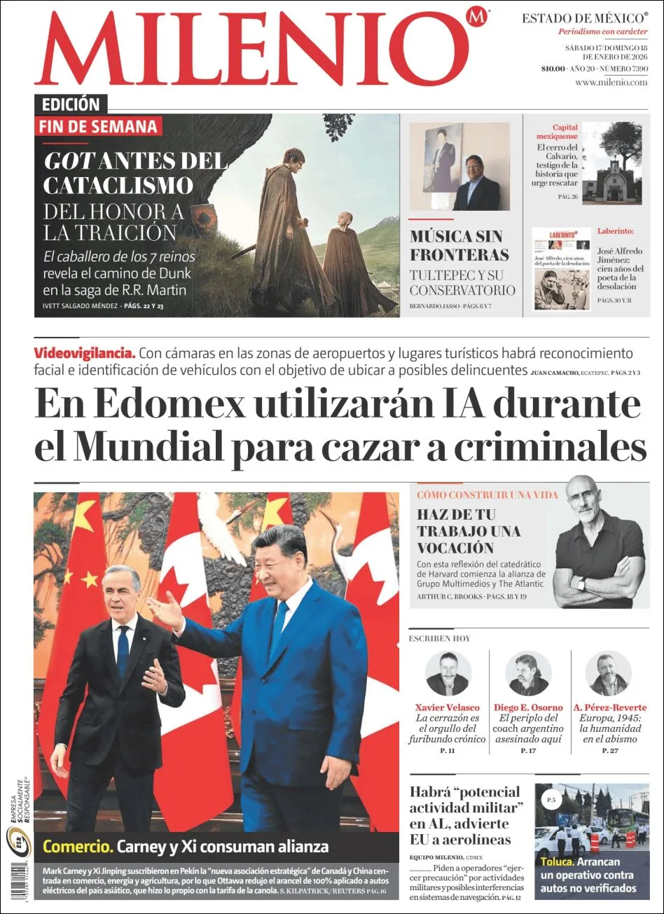 Portada de Milenio Edo de Mexico del sábado, 17 de enero de 2026
