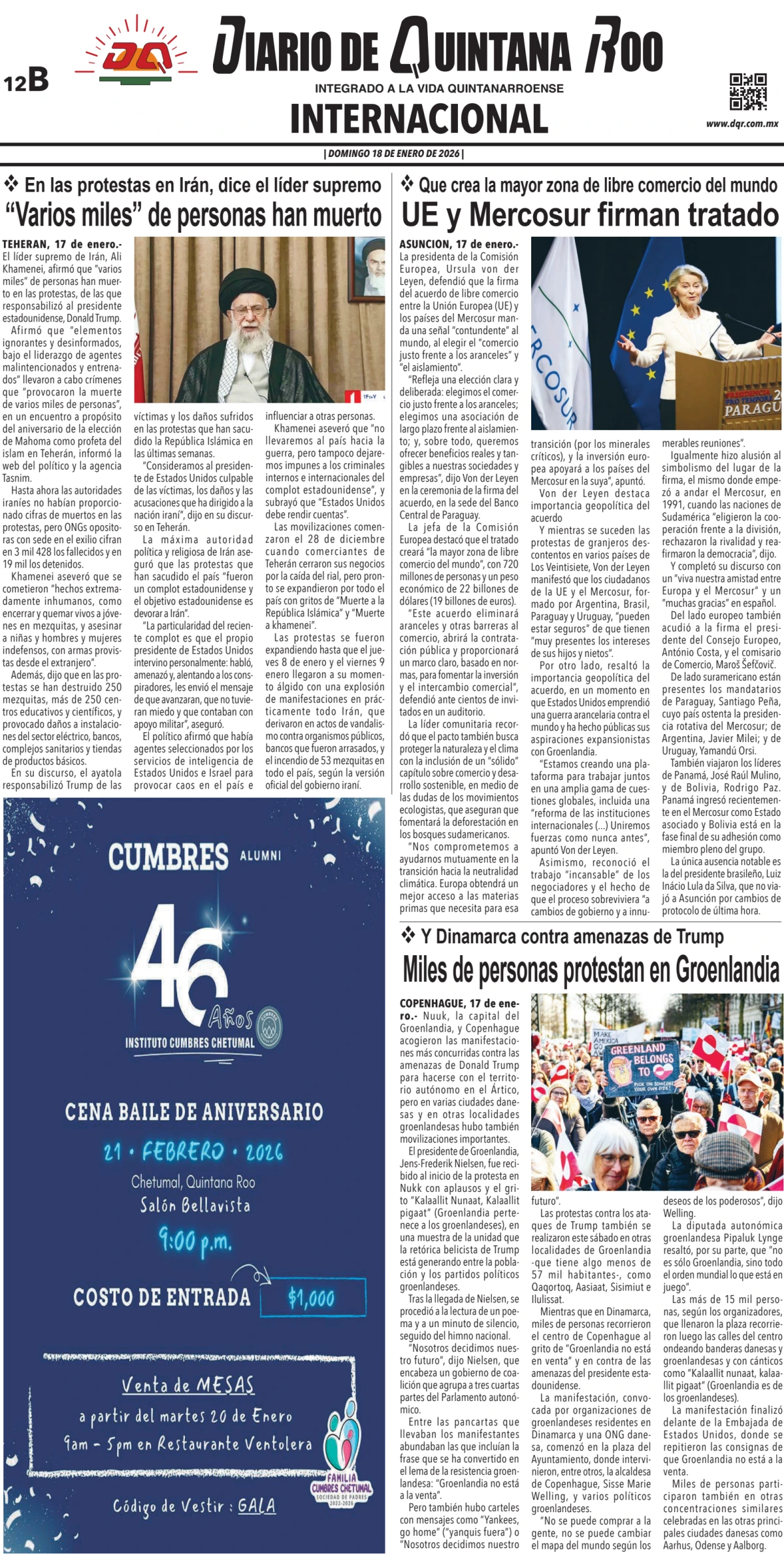 Portada de Diario de Quintana Roo (contra Portada) del domingo, 18 de enero de 2026