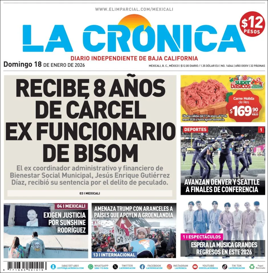 Portada de La Cronica del domingo, 18 de enero de 2026
