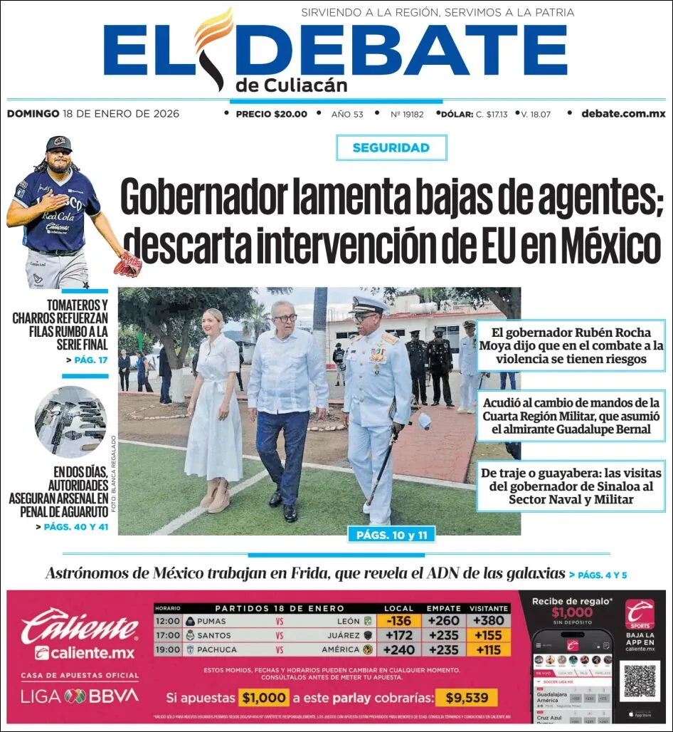 Portada de El Debate de Culiacan del domingo, 18 de enero de 2026