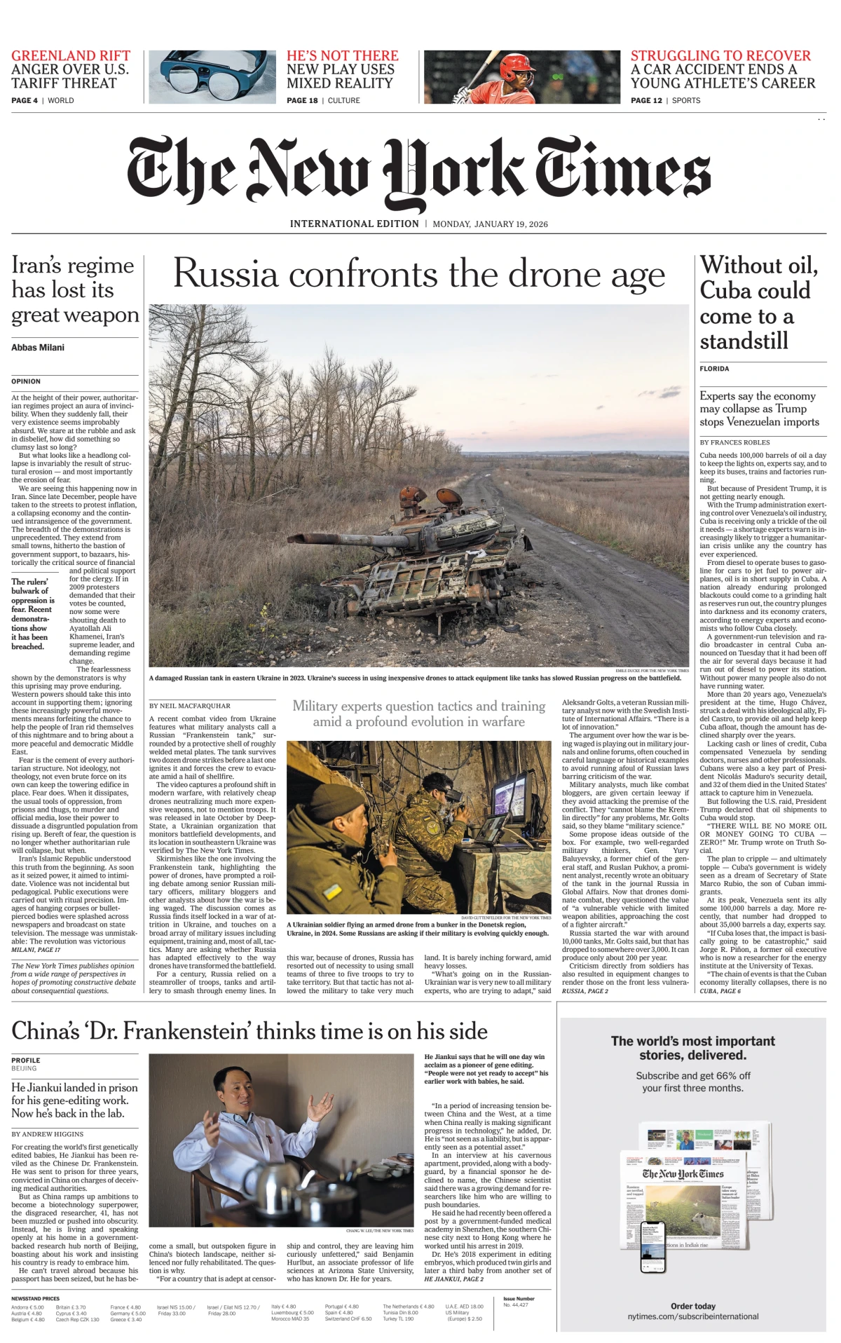 Portada de The New York Times (international) del lunes, 19 de enero de 2026