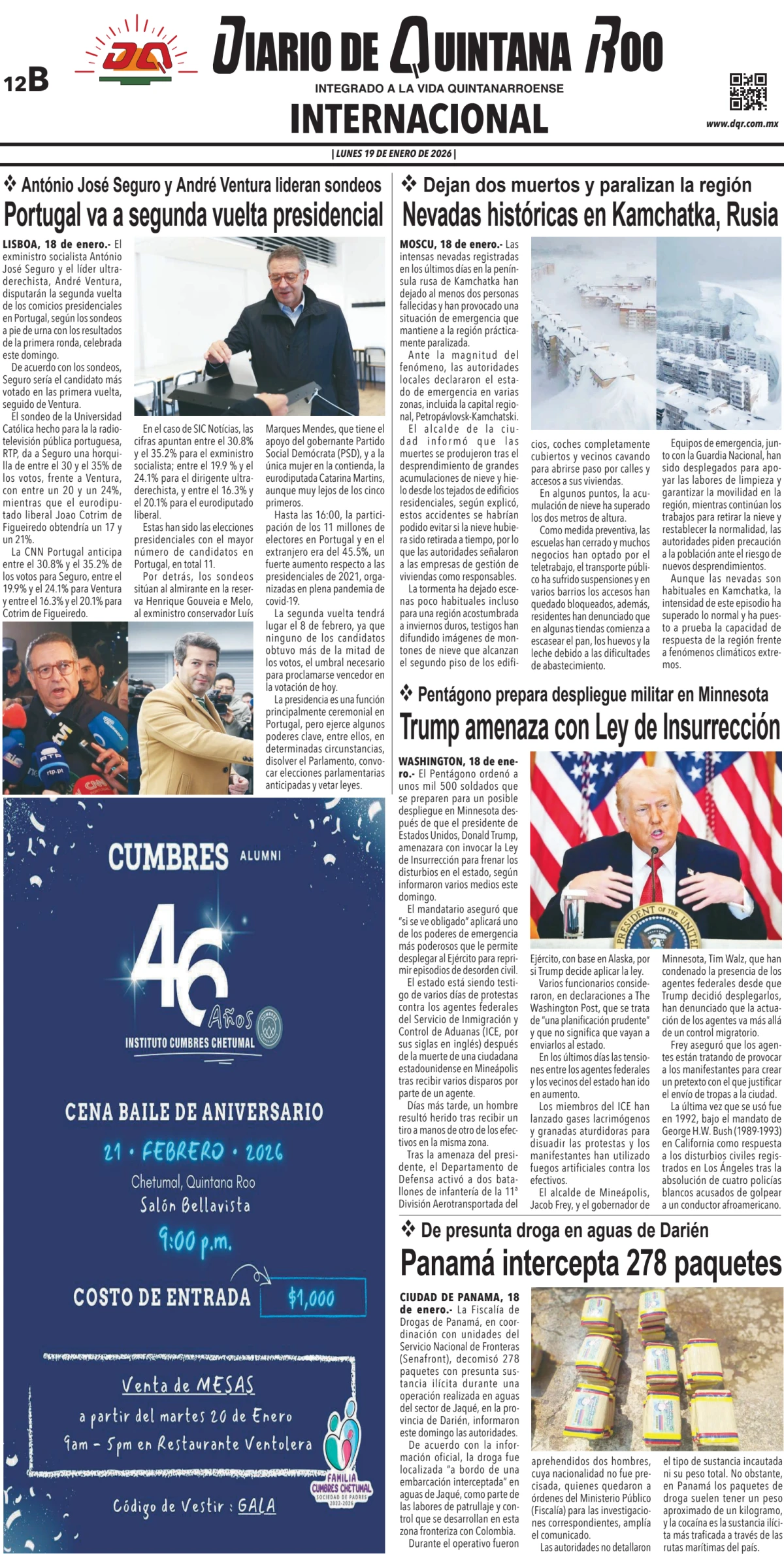 Portada de Diario de Quintana Roo (contra Portada) del lunes, 19 de enero de 2026