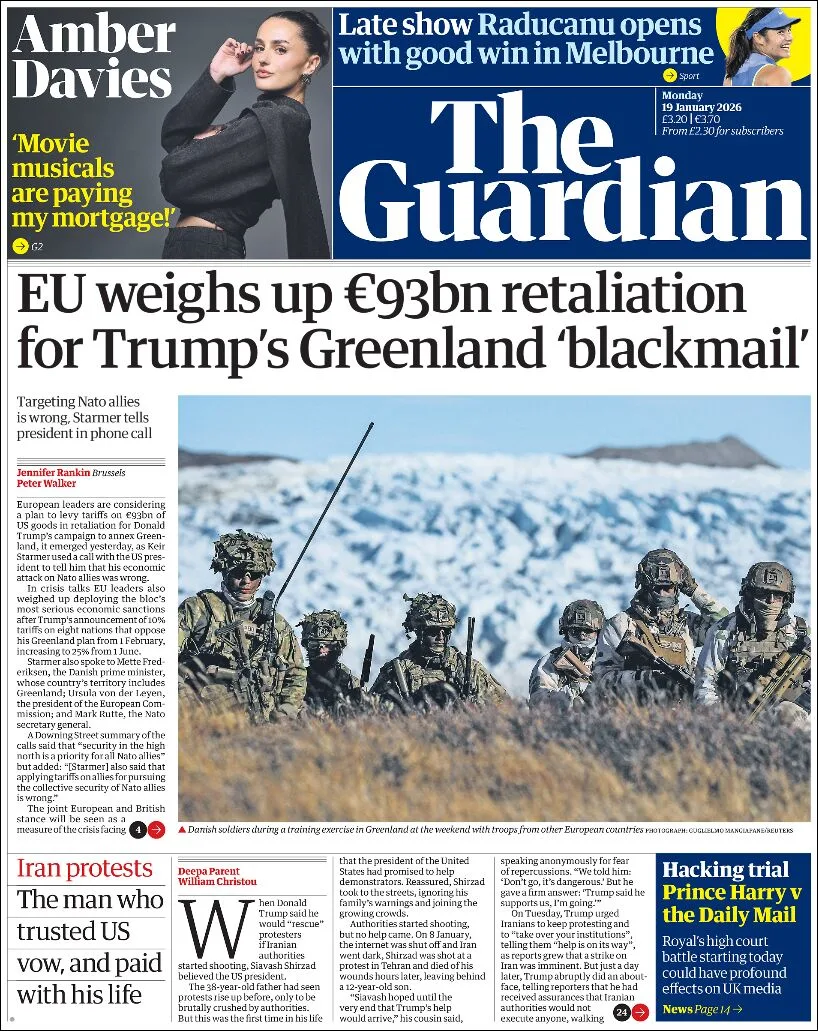 Portada de The Guardian (reino Unido) del lunes, 19 de enero de 2026