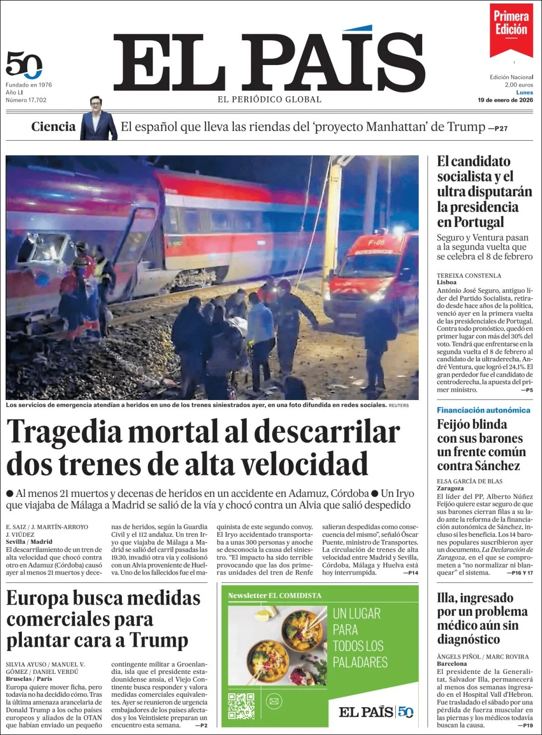 Portada de El Pais del lunes, 19 de enero de 2026