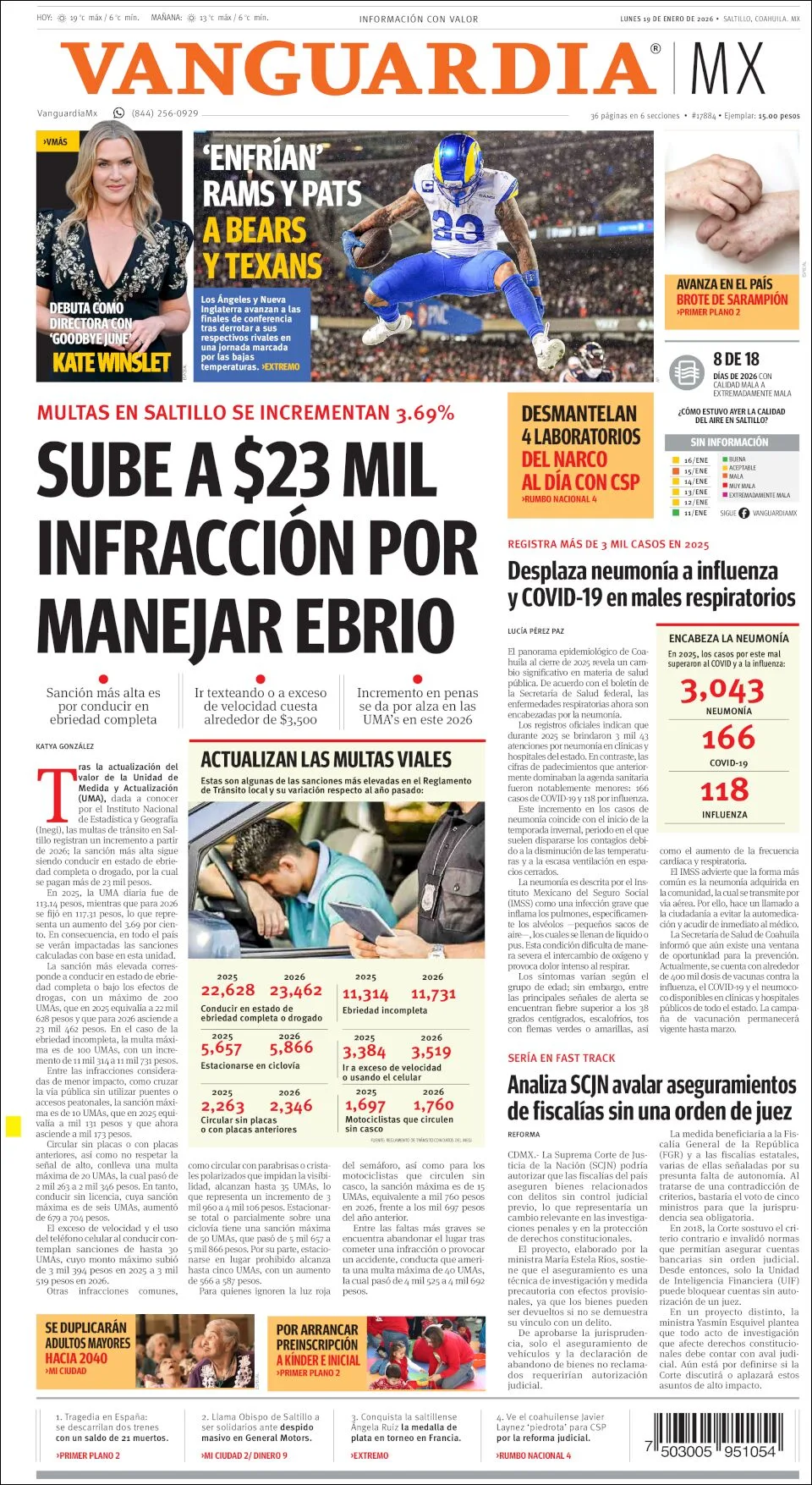 Portada de Vanguardia del lunes, 19 de enero de 2026