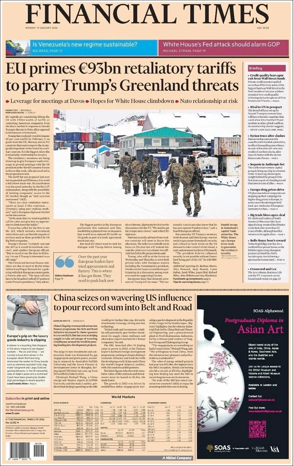 Portada de Financial Times del lunes, 19 de enero de 2026