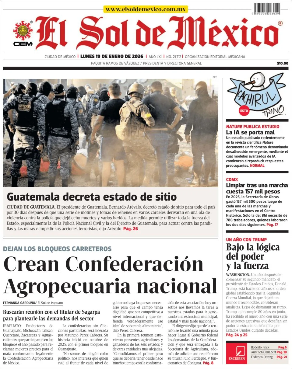 Portada de El Sol de Mexico del lunes, 19 de enero de 2026