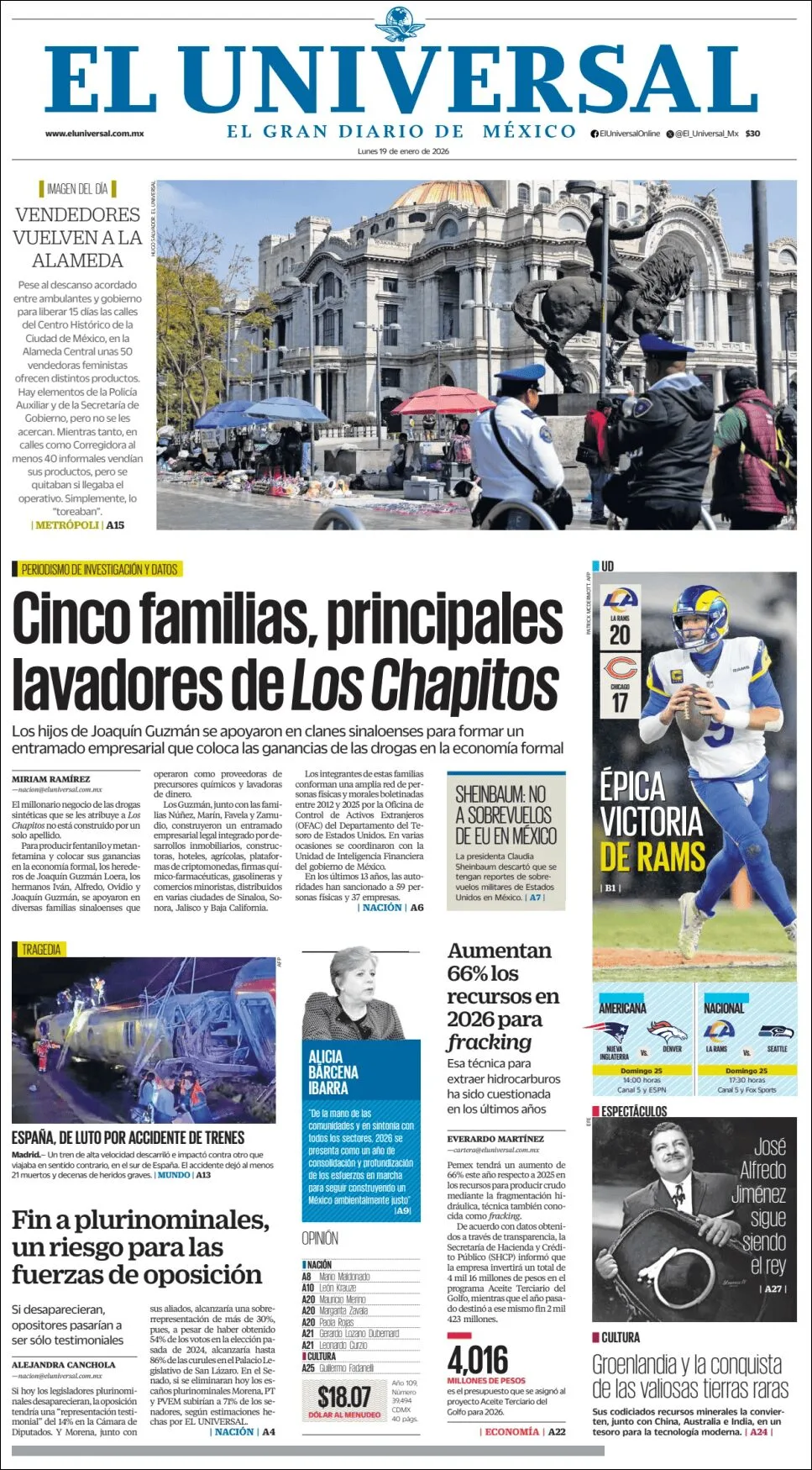 Portada de El Universal del lunes, 19 de enero de 2026