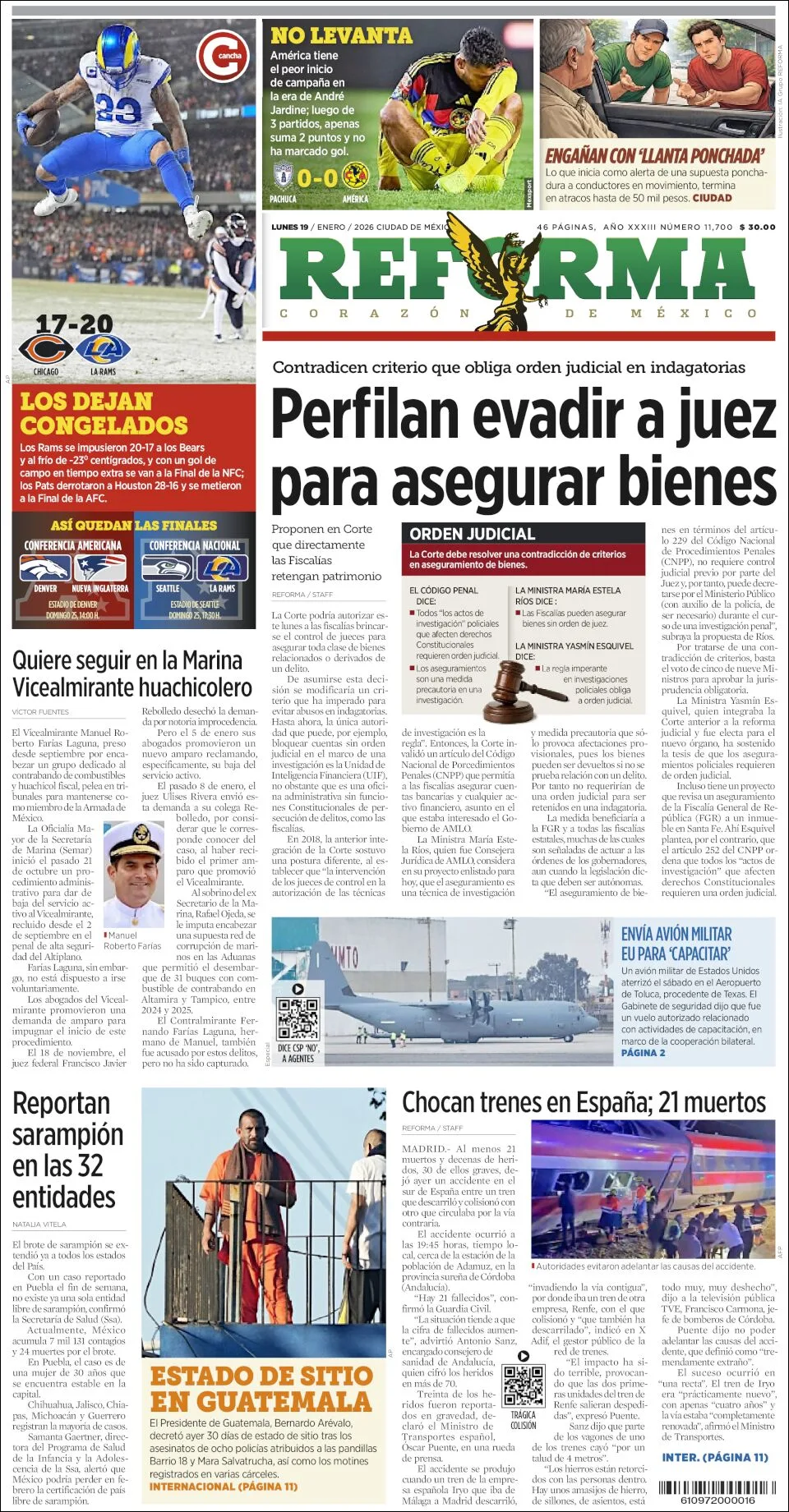 Portada de Reforma del lunes, 19 de enero de 2026