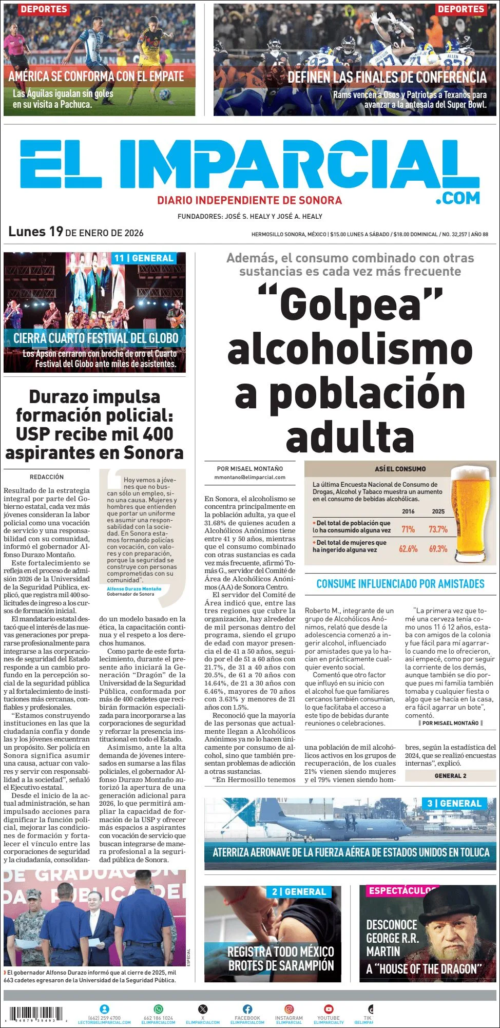 Portada de El Imparcial del lunes, 19 de enero de 2026