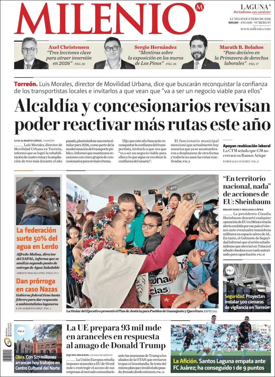 Portada de Milenio Laguna del lunes, 19 de enero de 2026