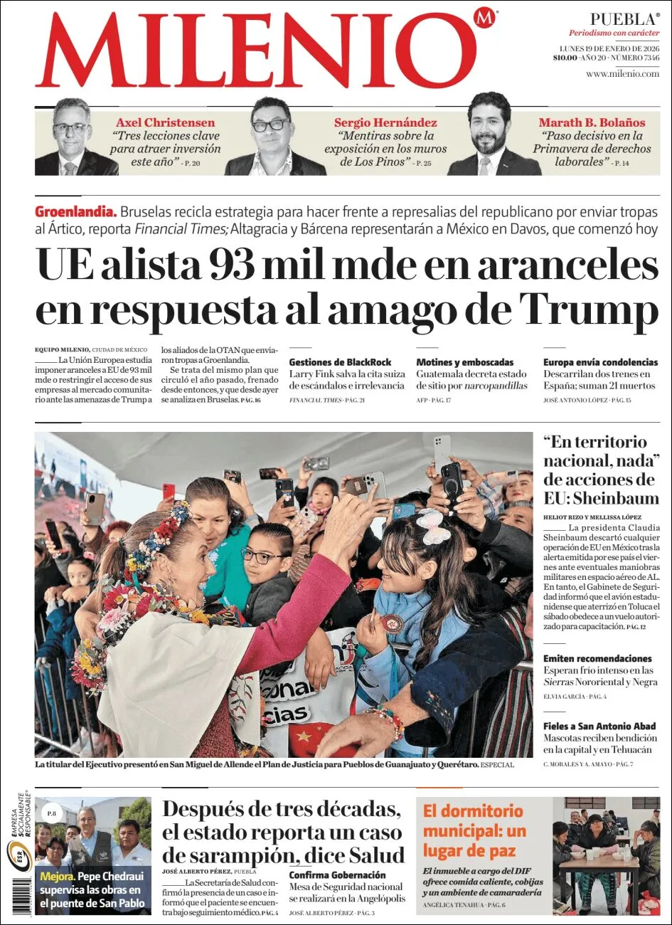 Portada de Milenio Puebla del lunes, 19 de enero de 2026