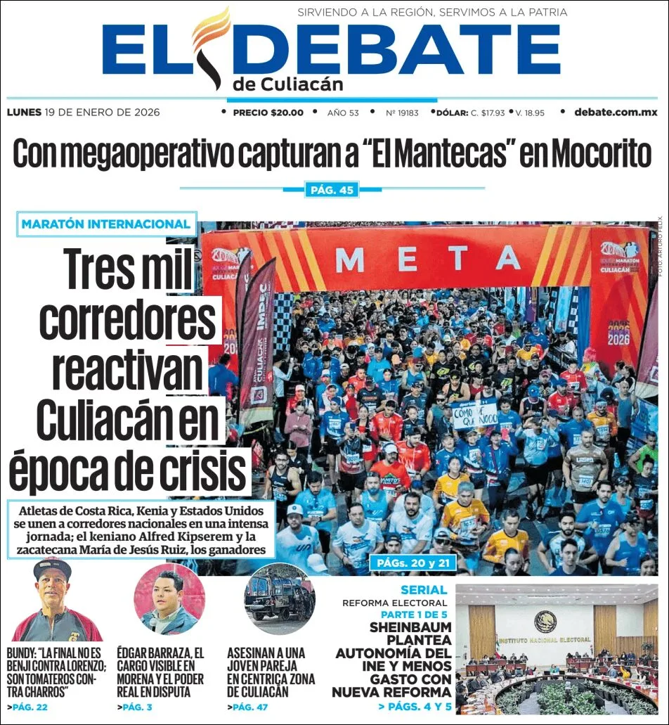 Portada de El Debate de Culiacan del lunes, 19 de enero de 2026
