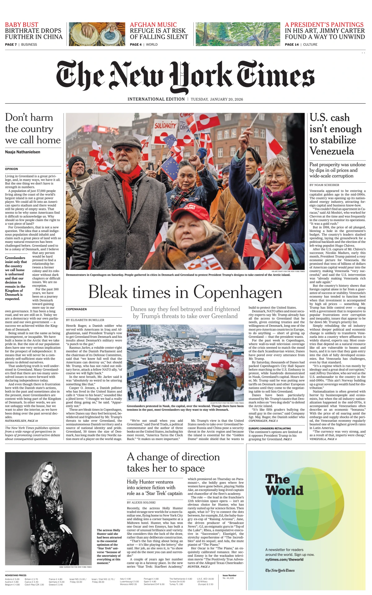 Portada de The New York Times (international) del martes, 20 de enero de 2026