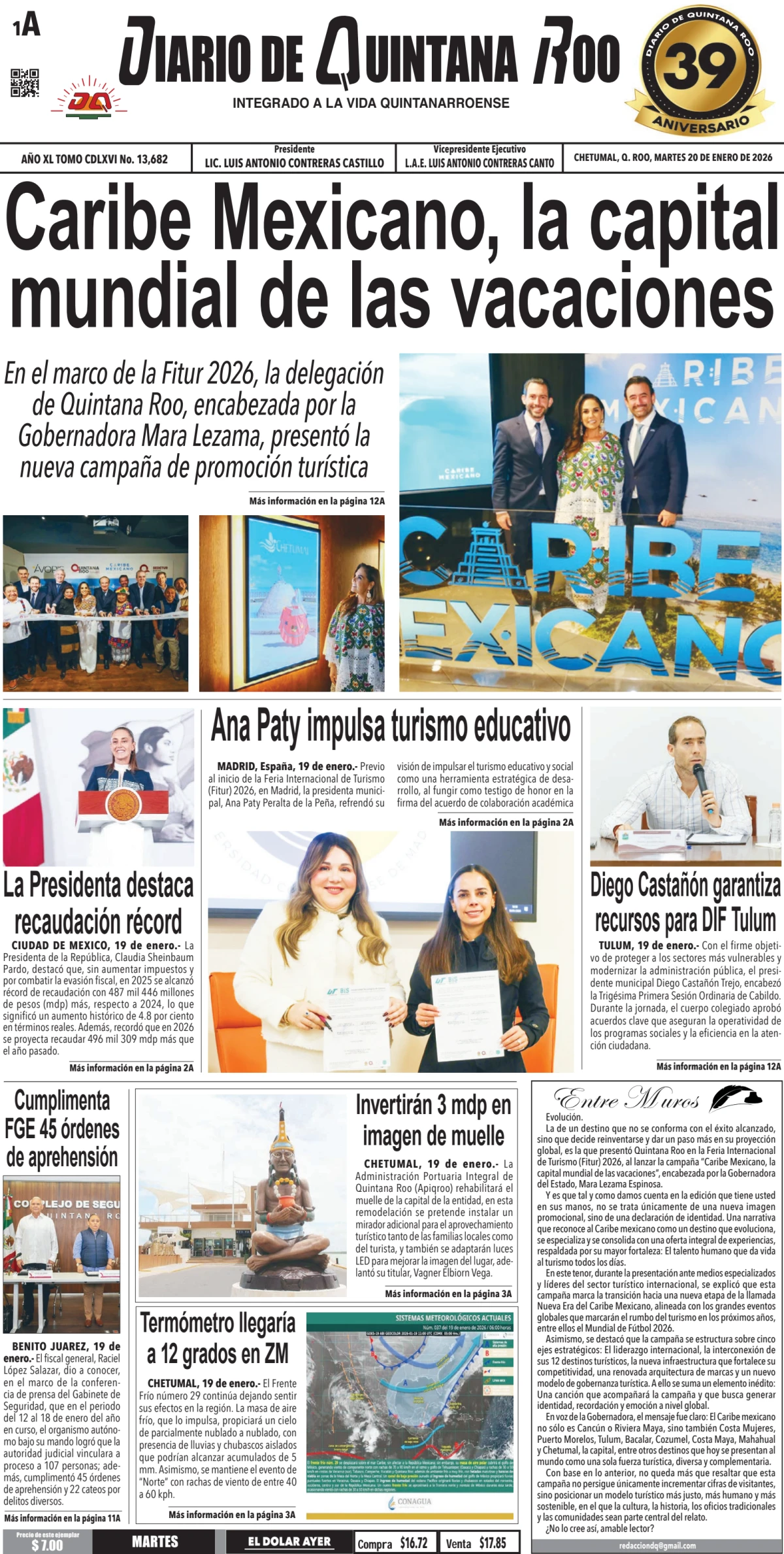 Portada de Diario de Quintana Roo (portada) del martes, 20 de enero de 2026
