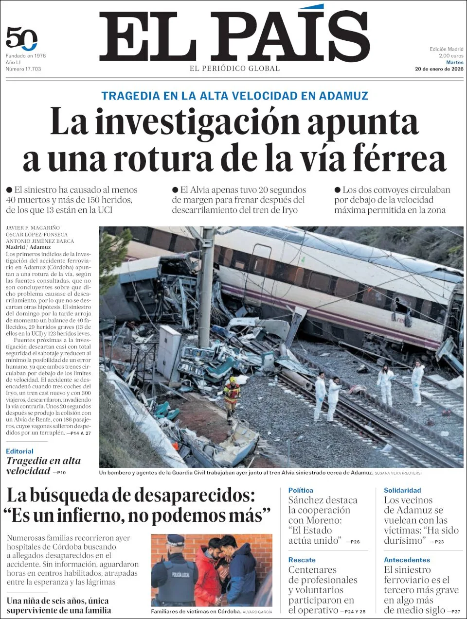 Portada de El Pais del martes, 20 de enero de 2026