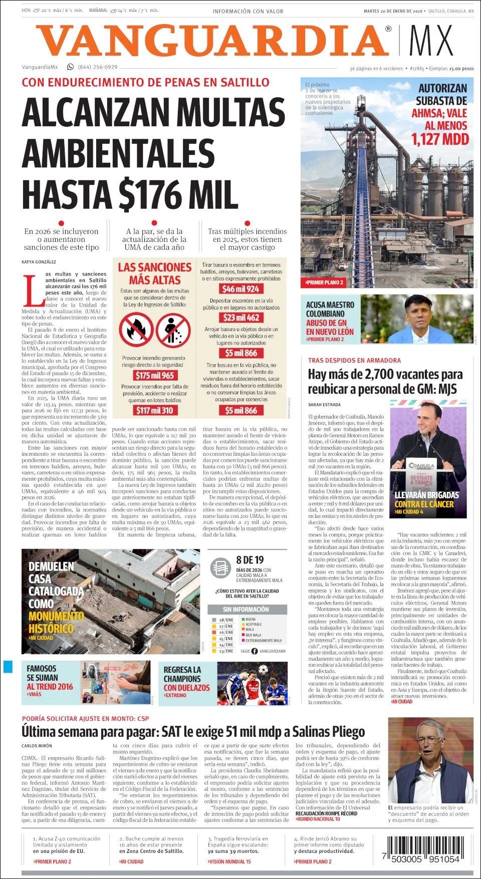 Portada de Vanguardia del martes, 20 de enero de 2026