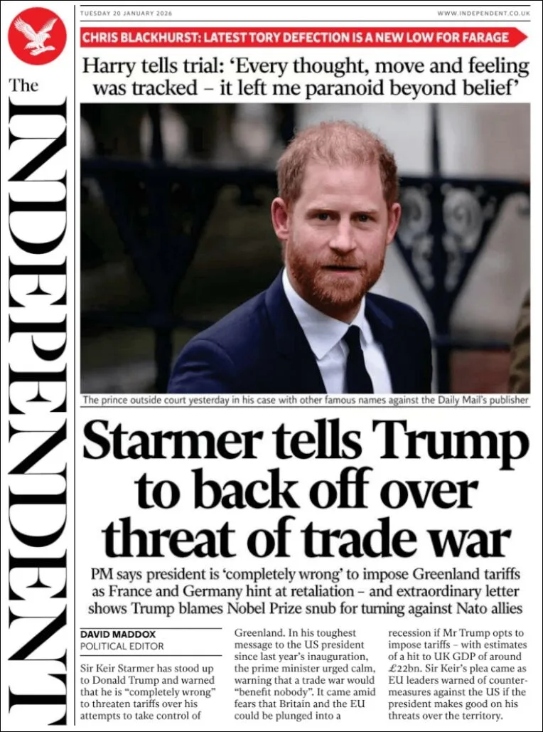 Portada de The Independent del martes, 20 de enero de 2026
