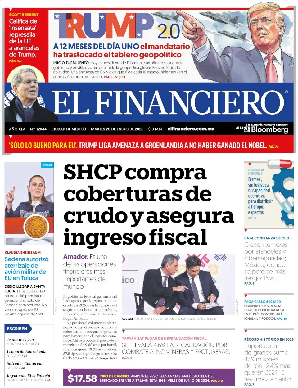 Portada de El Financiero del martes, 20 de enero de 2026