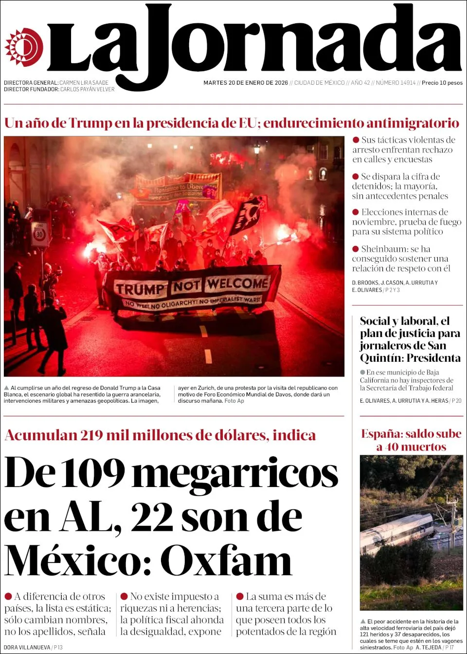 Portada de La Jornada del martes, 20 de enero de 2026