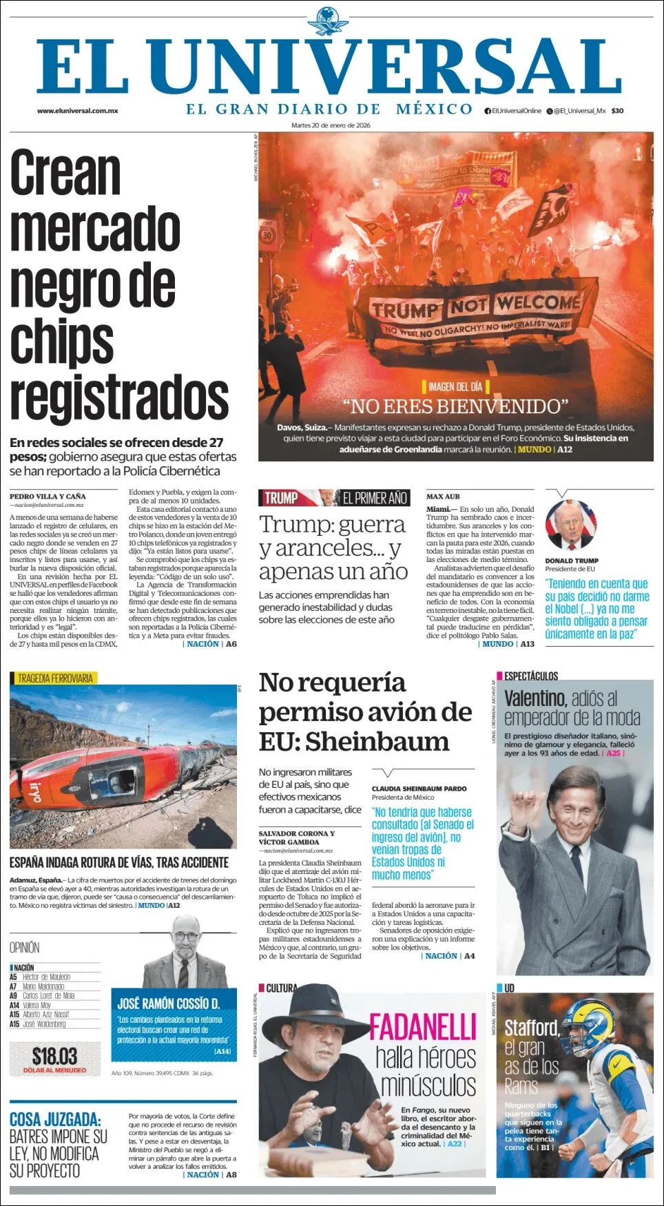 Portada de El Universal del martes, 20 de enero de 2026