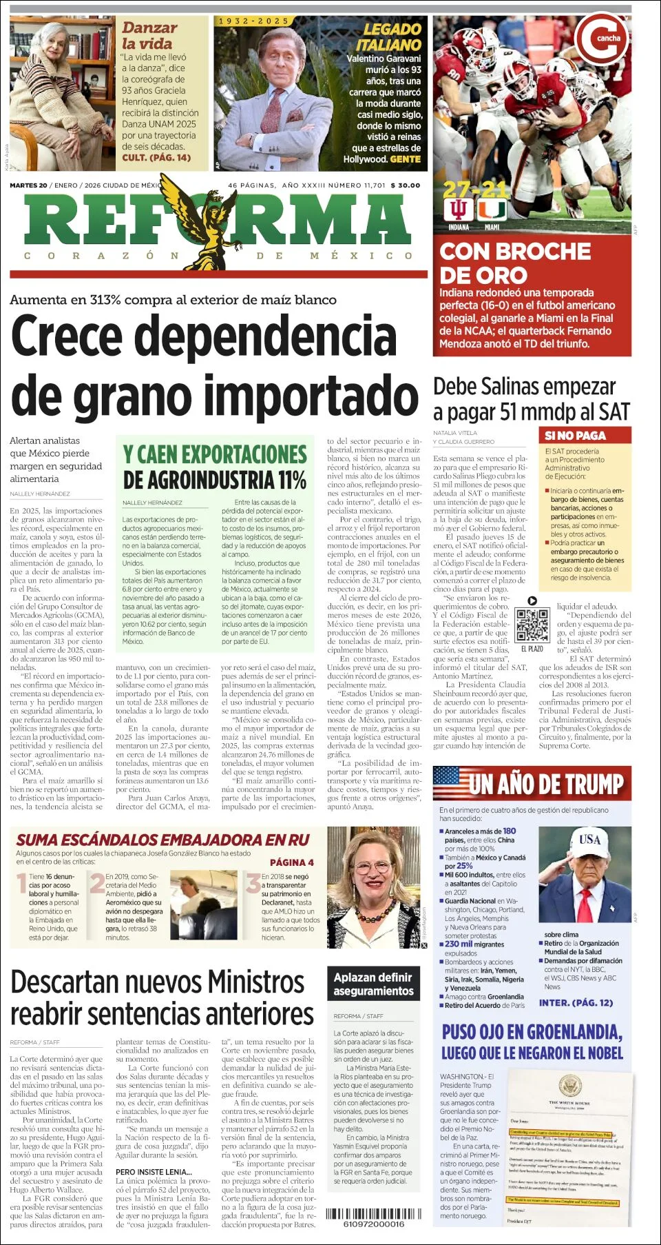 Portada de Reforma del martes, 20 de enero de 2026