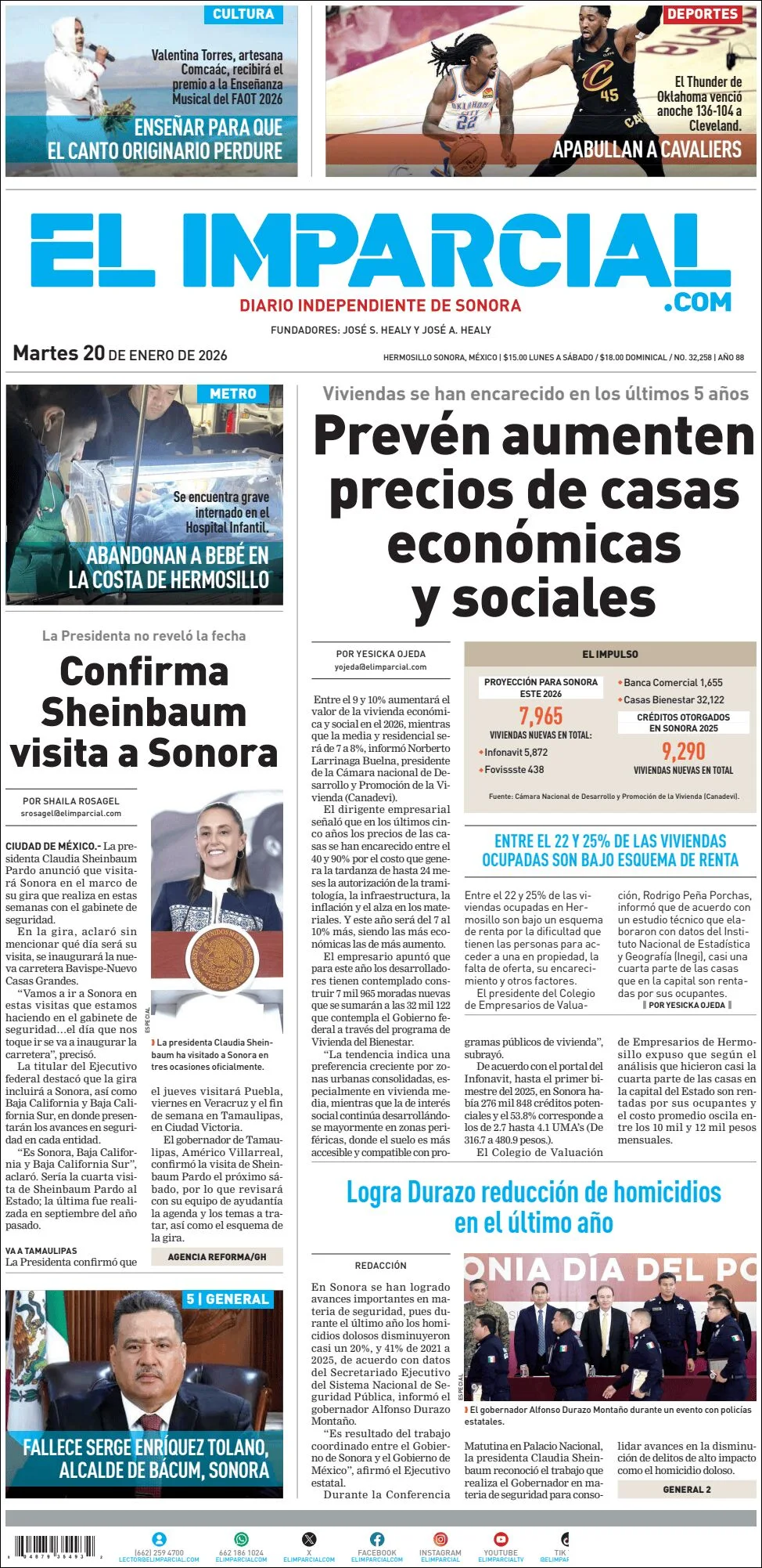 Portada de El Imparcial del martes, 20 de enero de 2026