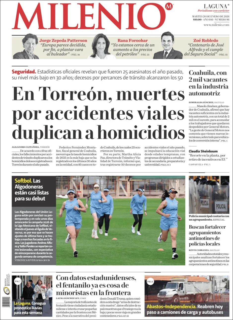 Portada de Milenio Laguna del martes, 20 de enero de 2026