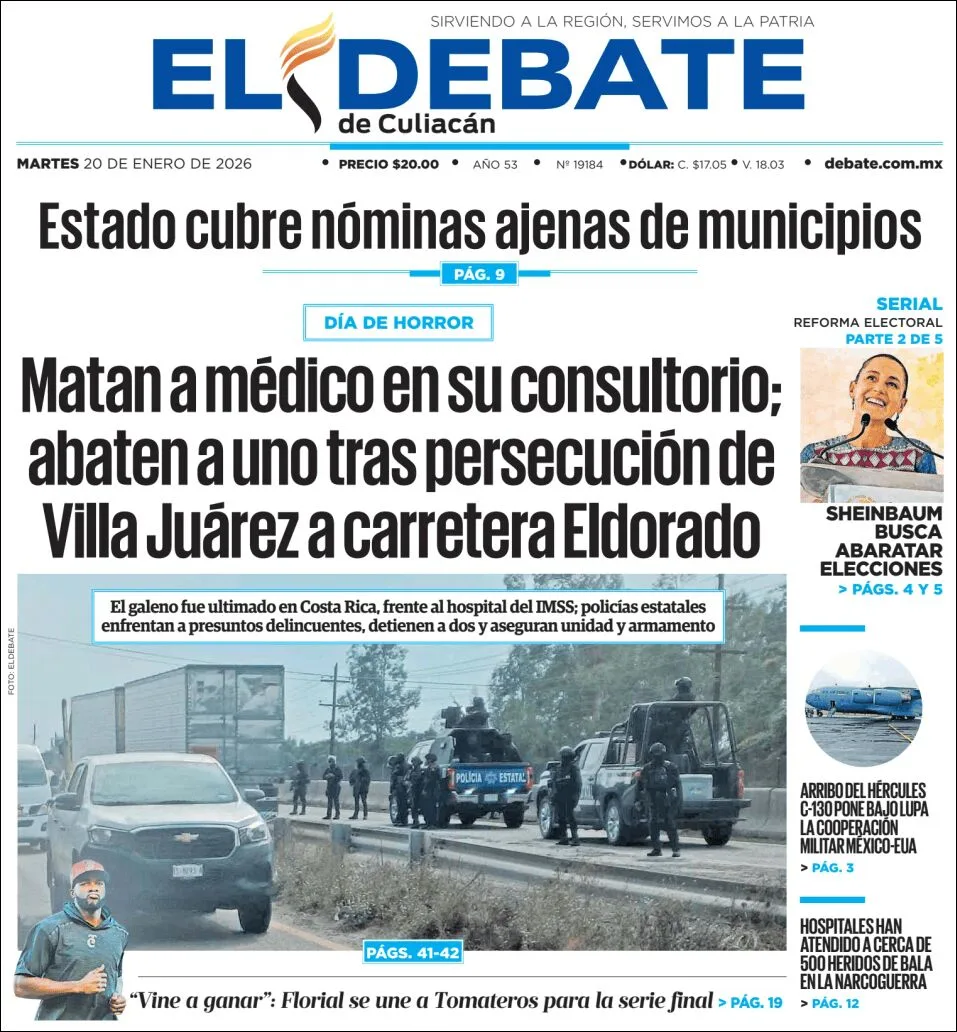 Portada de El Debate de Culiacan del martes, 20 de enero de 2026